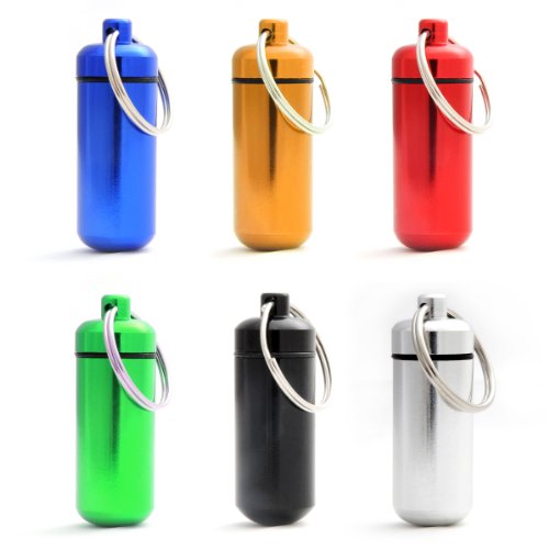 Ganzoo - Minicápsulas impermeables de almacenamiento para objetos pequeños, llavero con cierre de rosca y junta de goma, fabricadas en aluminio, 45 mm, 6 unidades, color negro, plata, rojo, azul, amarillo y verde 1